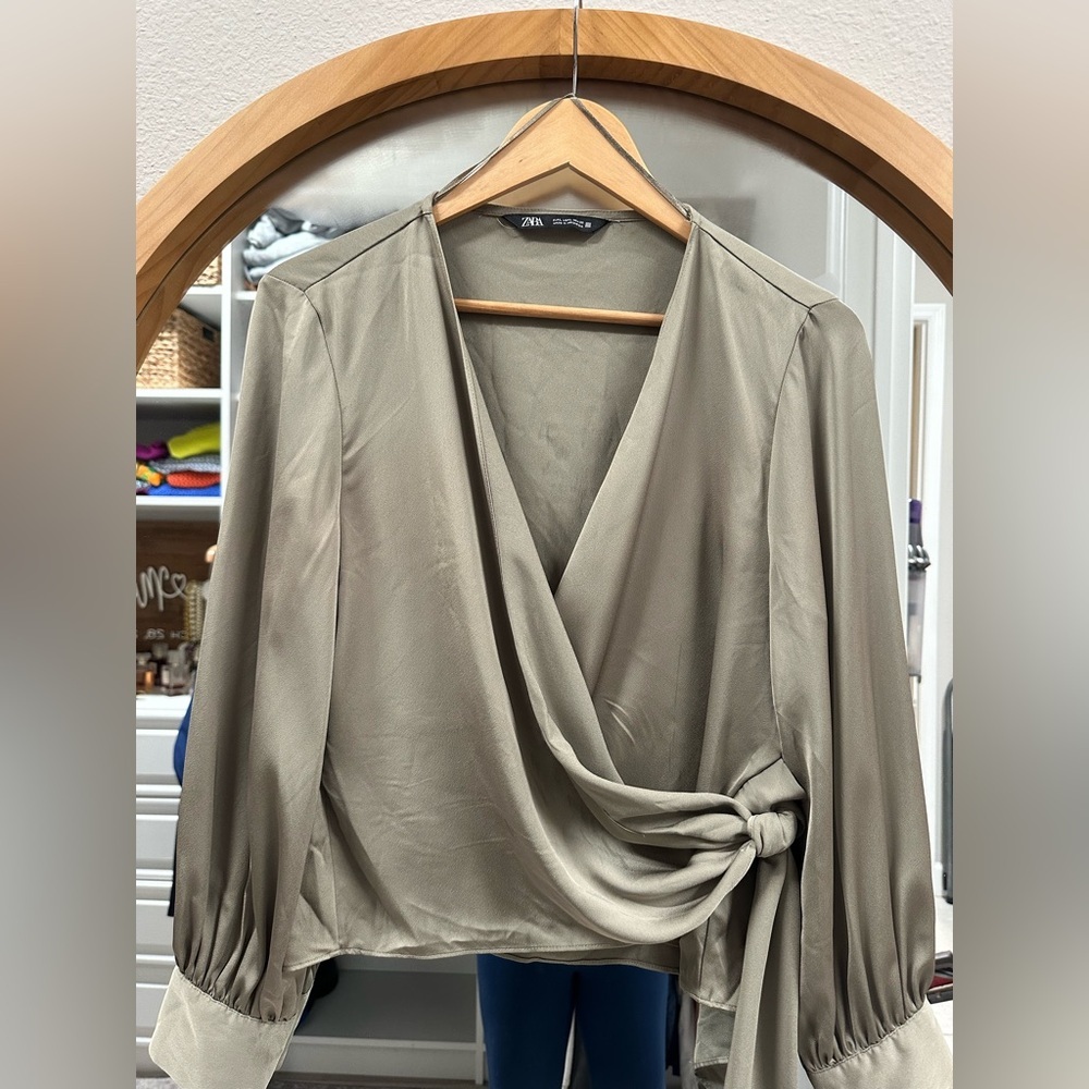 Zara Women's Olive Wrap Top with Pearl Buttons